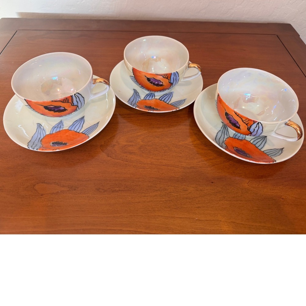 Vintage Trico Nagoya Japan Lusterware Tea Cup Saucer Set 3 Hand Painted Poppies